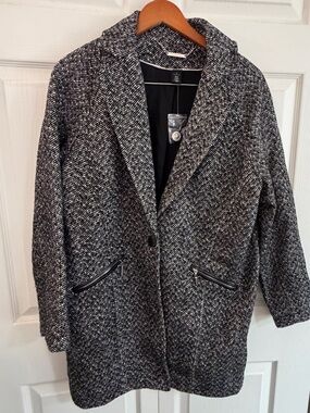 White House Black Market Herringbone Tweed Coat Small Black White Wool Blend Zip